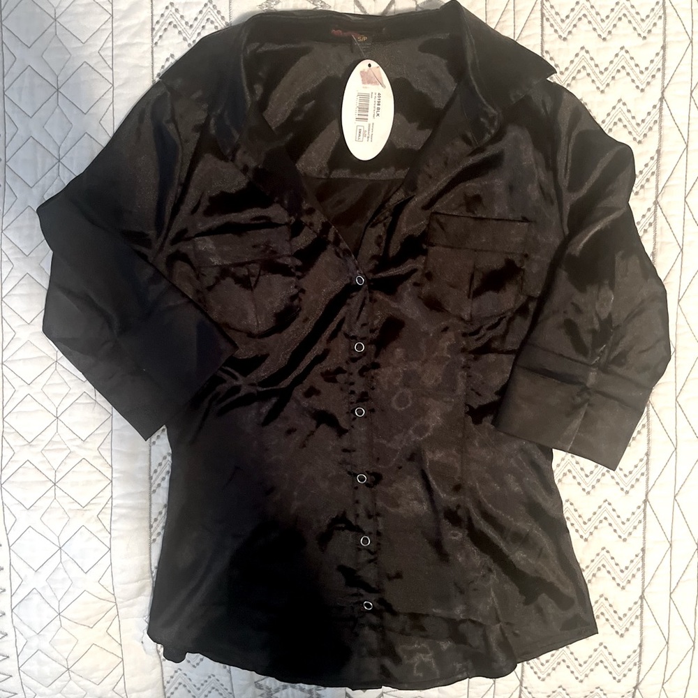 Black Blouse Silk Like Material with Snap Buttons